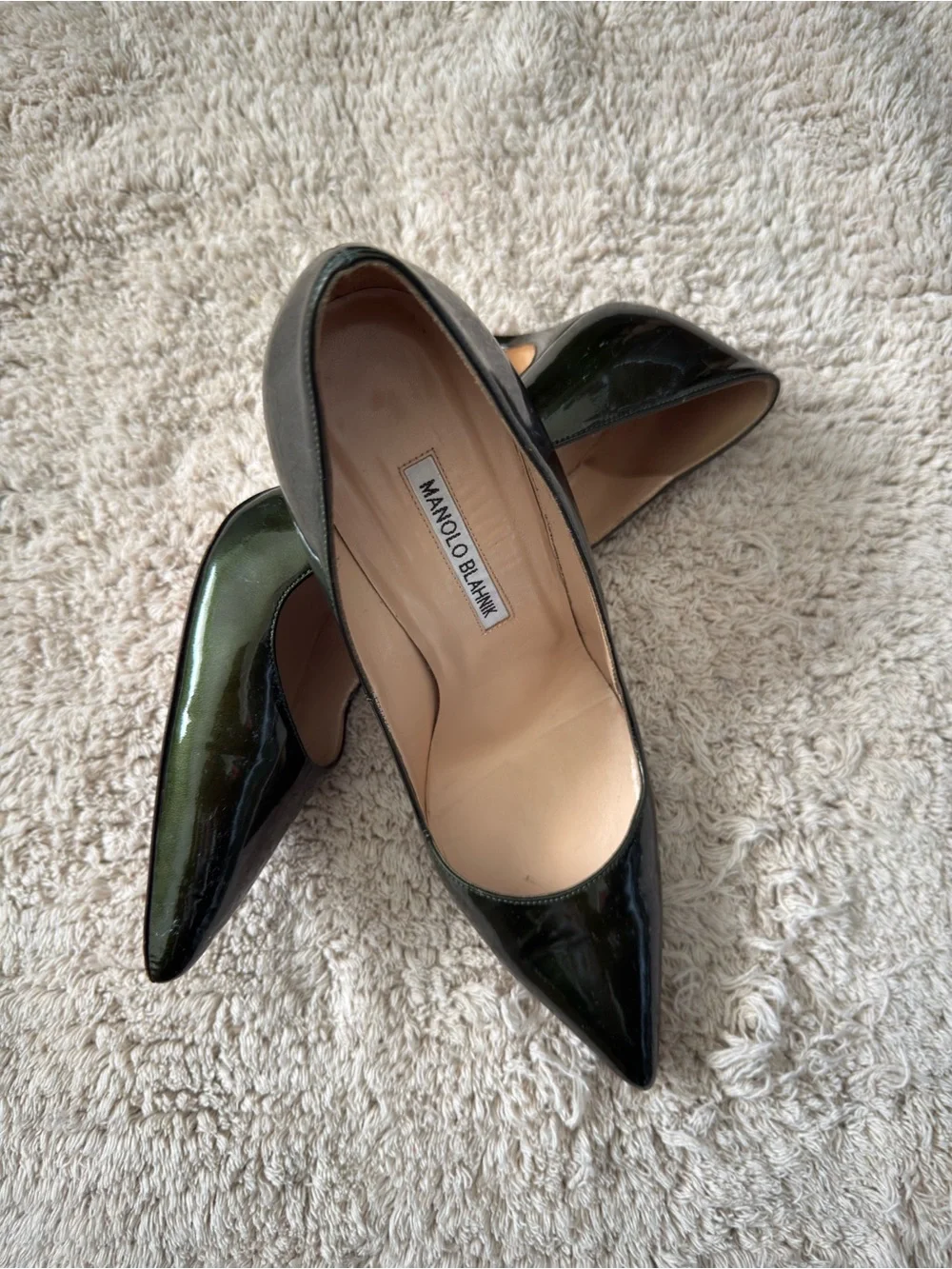 Manolo Blahnik Dark Green Patent Pointed-Toe Pumps